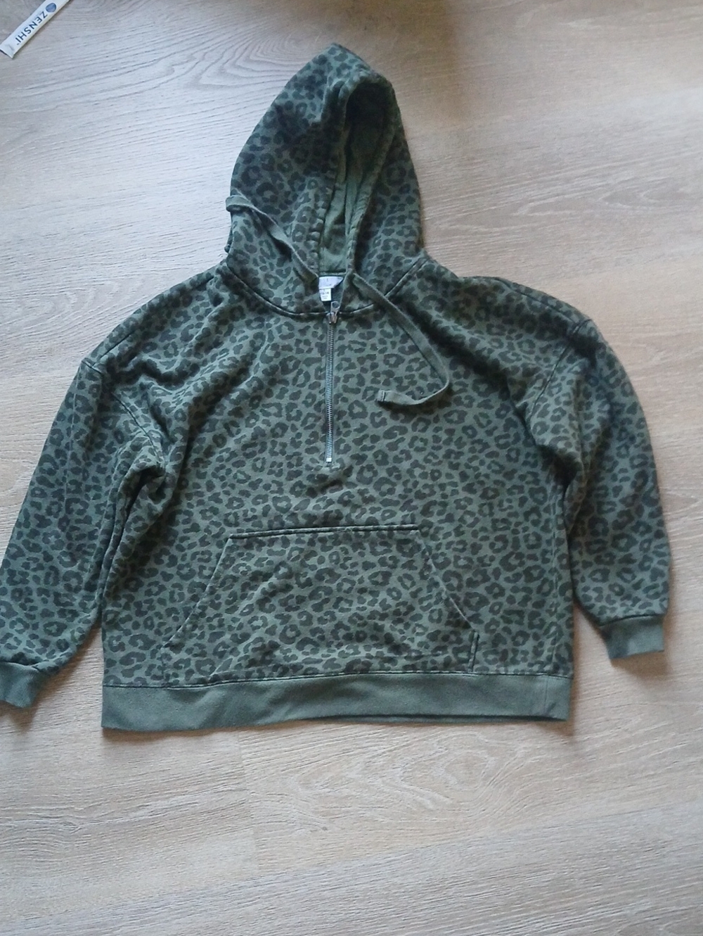Time and Tru Olive Green Leopard Print Half-Zip Hoodie Sweater Large 12/14